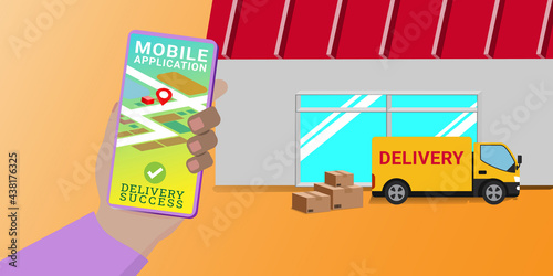 Mobile Phone Application Truck Delivery Service using for Global logistic transportation with Smartphone Delivery Van service Product goods shipping transport Fast service truck online marketing ad
