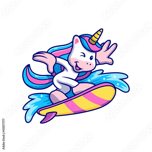 Cool Unicorn Cartoon Playing Surfing in Summer. Animal Vector Icon Illustration Isolated on Premium Vector