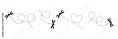 Dragonflies with dotted line route set. Black dragonfly silhouette fling collection. Vector illustration isolated on white