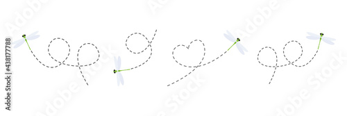 Cute dragonflies with dotted line route set. Green dragonfly fling collection. Vector illustration isolated on white