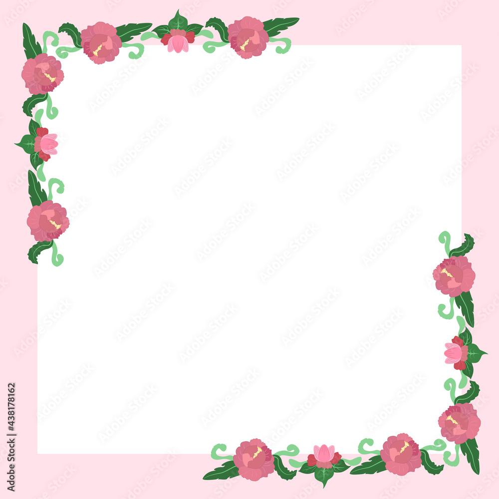 Pink flower and green leaves Square frame style Thai. Blank for advertising card or invitation. vector ,illustration. Pink flower and green leaves Square frame style Thai. Blank for advertising card or invitation. vector ,illustration.