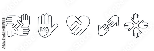 Friendship arms line symbols collection. Business teamwork pictogram. Black outline hands together set. Global unity concept. Vector illustration isolated on white background