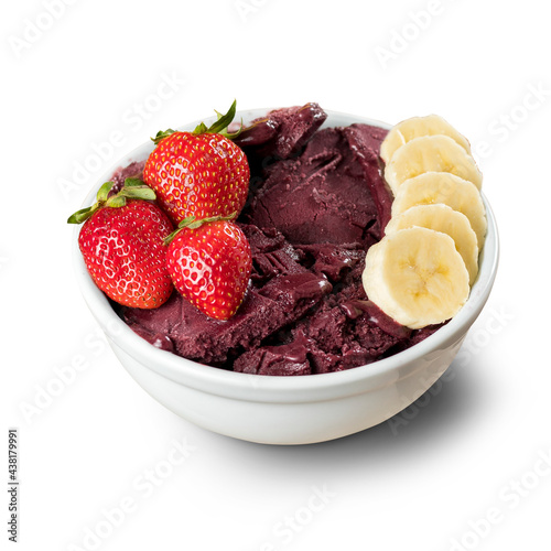 Brazilian Frozen Açai Berry with Strawberries and Bananas on a white round pot. Isolated on White background.