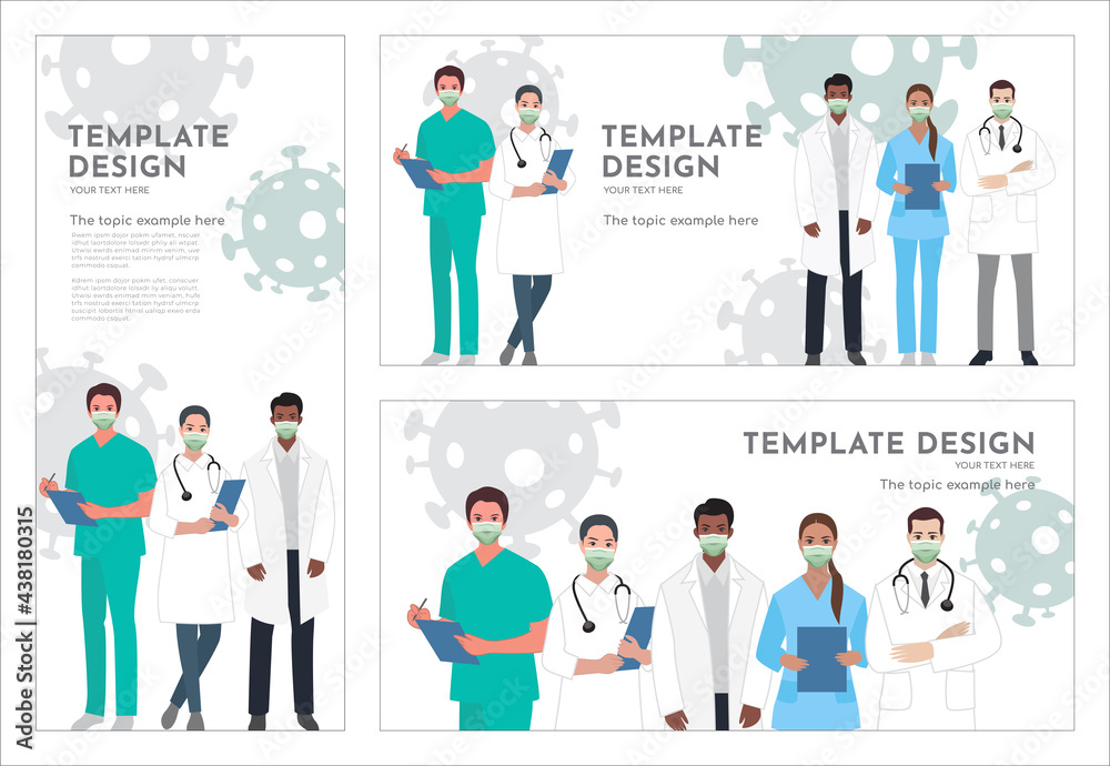 Group of Medical staff doctor and nurse wearing medical mask. Face medical mask for safety Coronavirus, pm 2.5, template vector illustration Group of Medical staff doctor and nurse wearing medical mask. Face medical mask for safety Coronavirus, pm 2.5, template vector illustration