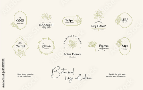Hand drawn line art floral vector logo design collection. Botanical illustrations of elegant signs and badges for beauty, cosmetics, spa and wellness, fashion, wedding agency.