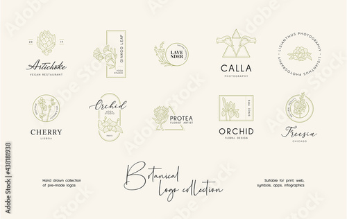 Hand drawn line art floral vector logo design collection. Botanical illustrations of elegant signs and badges for beauty, cosmetics, spa and wellness, fashion, wedding agency.