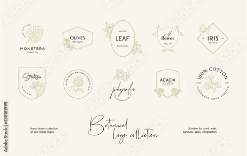 Hand drawn line art floral vector logo design collection. Botanical illustrations of elegant signs and badges for beauty, cosmetics, spa and wellness, fashion, wedding agency.