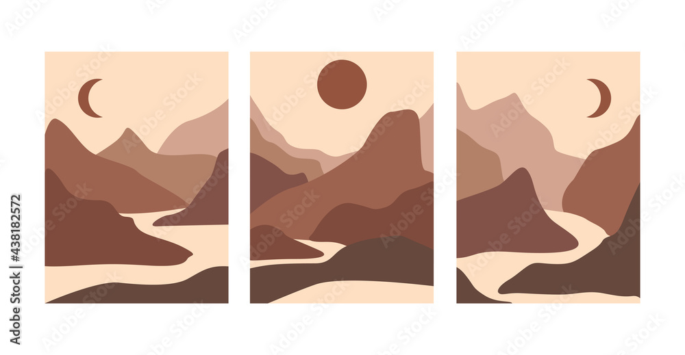 Set of abstract landscape posters. Aesthetic background landscape with mountains. Arth tones, burnt orange, terracotta colors. Modern minimalist art print. Boho wall decor.