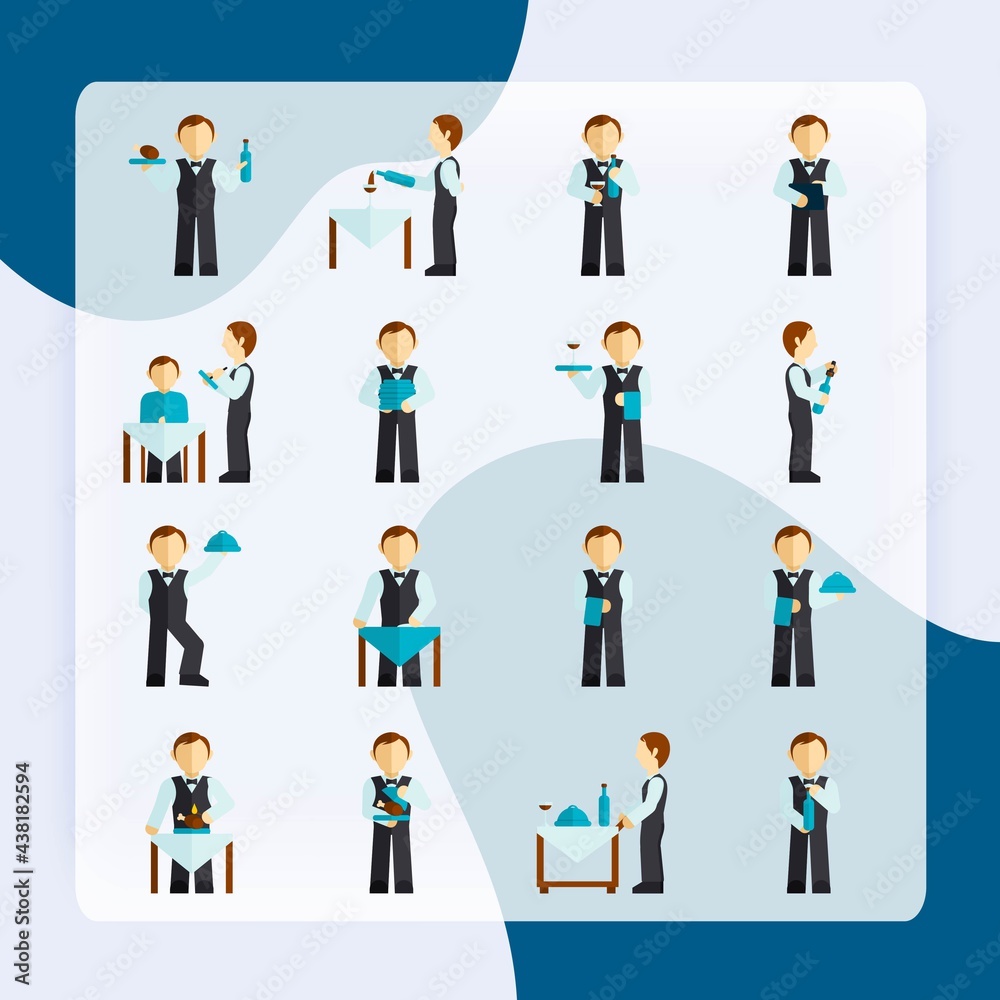 Waiter man with restaurant employee avatar icon flat set isolated vector illustration Waiter man with restaurant employee avatar icon flat set isolated vector illustration
