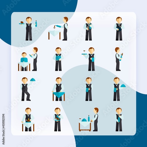 Waiter man with restaurant employee avatar icon flat set isolated vector illustration