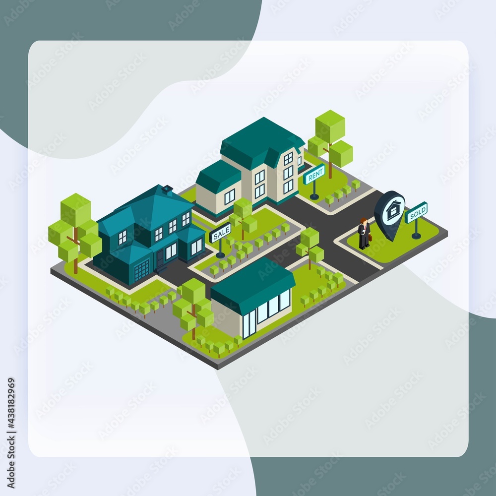 Isometric town concept with 3d buildings and real estate agent icons vector illustration