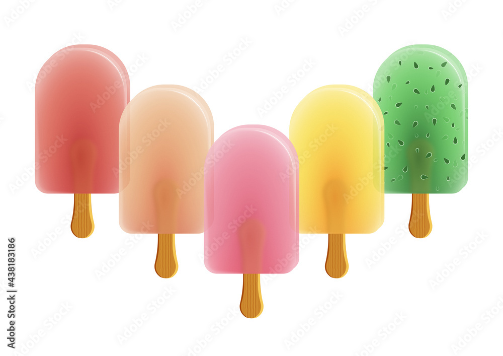Zestaw kolorowych lodów na patyku w owocowych smakach. Wegański słodki deser. Jasny kolor, letni nastrój. Ilustracja dla kawiarni, restauracji, menu lub ilustracja dziecięca. - obrazy, fototapety, plakaty 