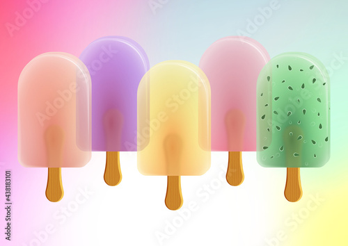 Zestaw kolorowych lodów na patyku w owocowych smakach. Wegański słodki deser. Jasne gradientowe tło. Ilustracja dla kawiarni, restauracji, menu lub ilustracja dziecięca.