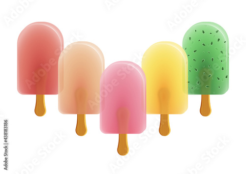 Zestaw kolorowych lodów na patyku w owocowych smakach. Wegański słodki deser. Jasny kolor, letni nastrój. Ilustracja dla kawiarni, restauracji, menu lub ilustracja dziecięca.