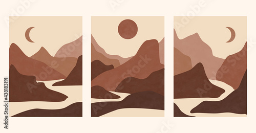 Set of abstract landscape posters. Aesthetic background landscape with mountains. Arth tones, burnt orange, terracotta colors, pastel. Modern minimalist art print. Boho wall decor.