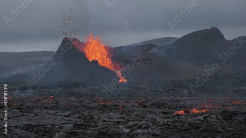 Prehistoric landscape with volcano erupting in Iceland. Static view photo