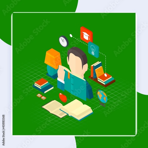 Reading concept isometric with man 3d and books library decorative icons vector illustration