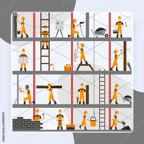 Construction process background with builders repairmen and maintenance workers vector illustration