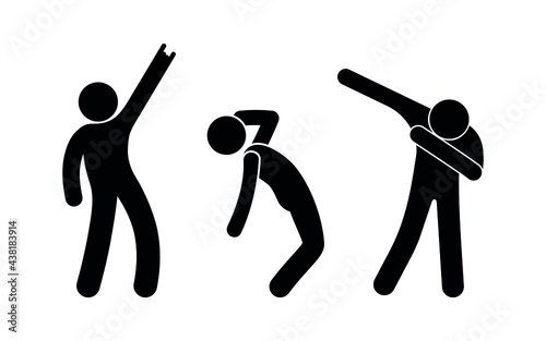 dancing people icons, character set human silhouettes, poses and gestures, cheering man, dancer posing, vector simple stick figure pictogram