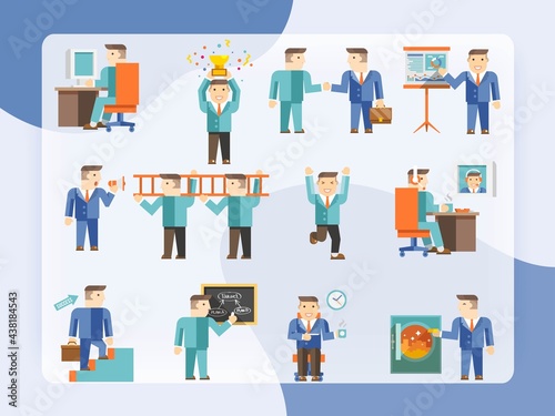 Businessman working flat icons with workflow teamwork and coffee break symbols set isolated vector illustration