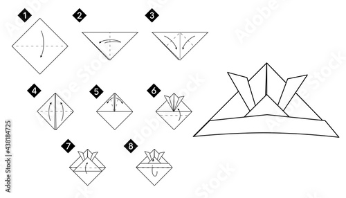  How to make origami origami samurai helmet. Step by step instructions DIY from paper vector monochrome line guide illustration. 
