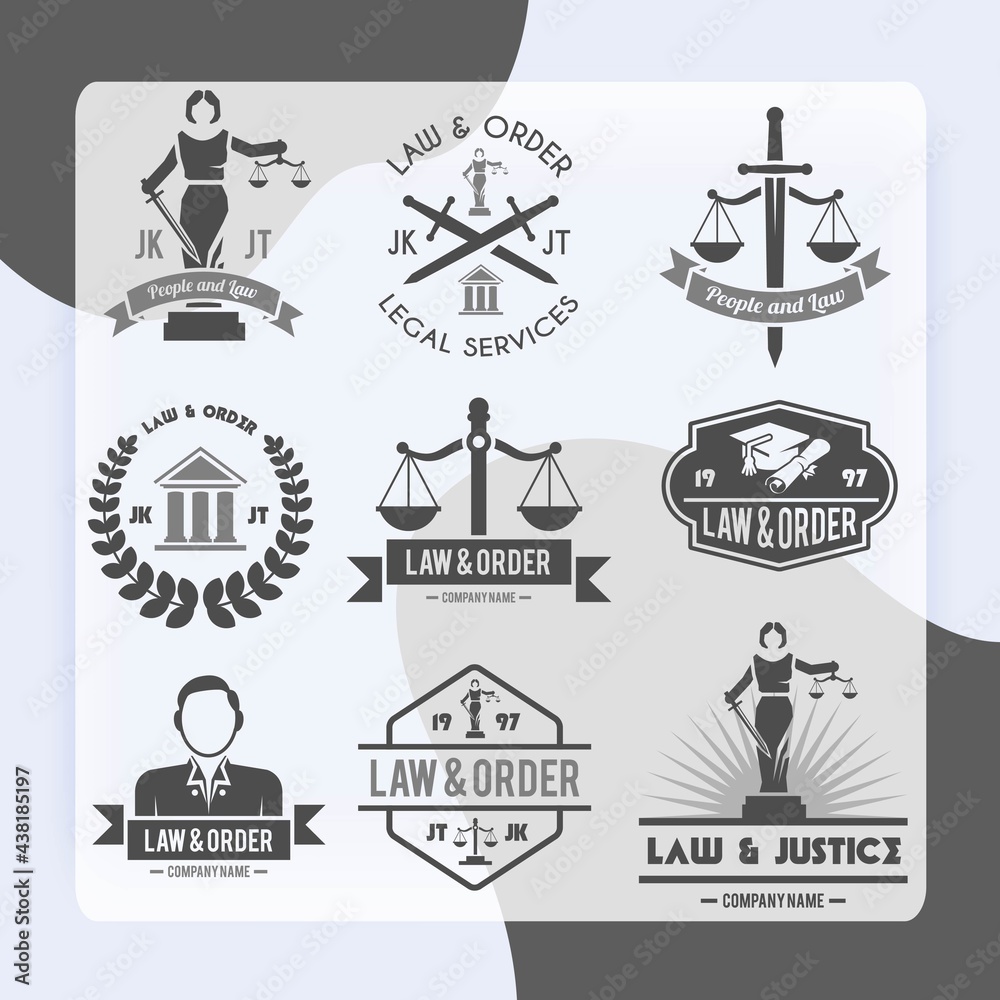Law order and crime preventing lady justice symbols collection black graphic labels pictograms set isolated vector illustration Law order and crime preventing lady justice symbols collection black graphic labels pictograms set isolated vector illustration