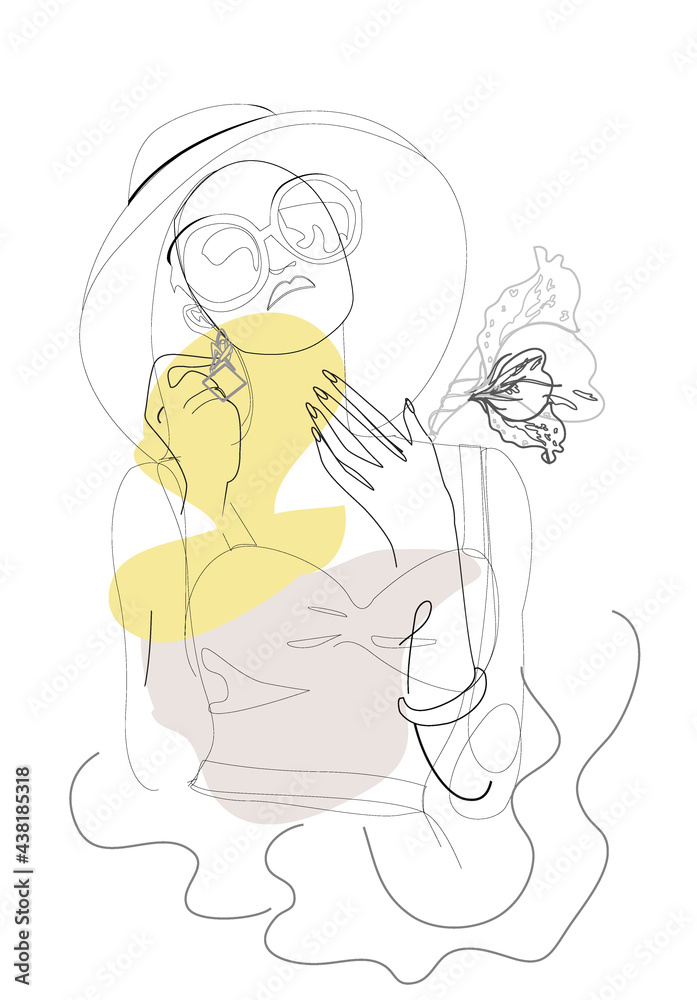 Abstract silhouette of a beautiful woman in hat in line art style,decorated with pattern and flowers. Hand drawn  vector illustration.