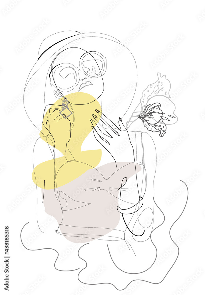 Abstract silhouette of a beautiful woman in hat in line art style,decorated with pattern and flowers. Hand drawn vector illustration. Abstract silhouette of a beautiful woman in hat in line art style,decorated with pattern and flowers. Hand drawn vector illustration.