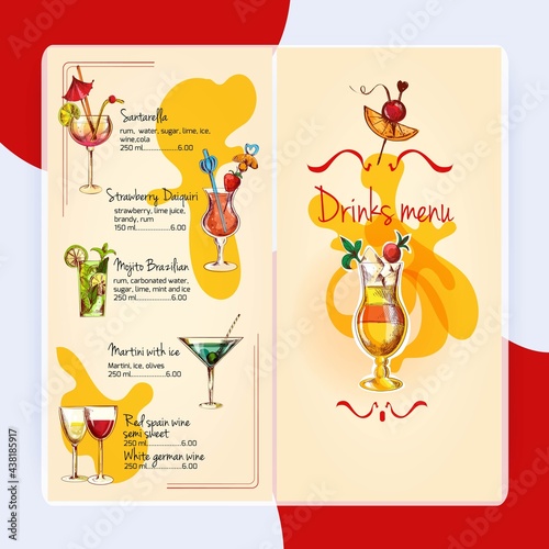 Restaurant bar wine cocktails and alcoholic drinks menu sketch vector illustration