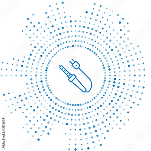 Blue line Soldering iron icon isolated on white background. Abstract circle random dots. Vector