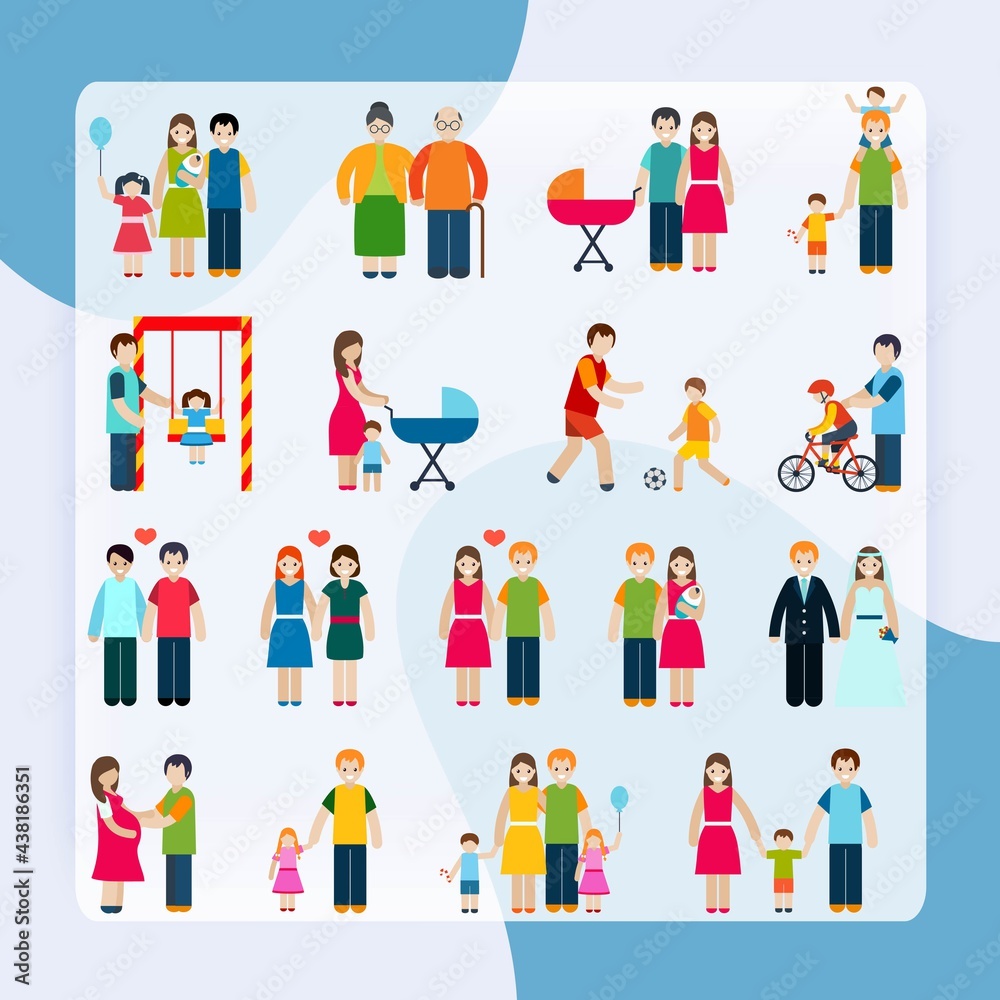 Family figures icons set with married couple children and parents isolated vector illustration