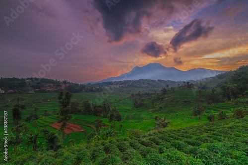 beautiful view of gardens, rice fields and Mount Manglayang in Sukasari - Sumedang. photo