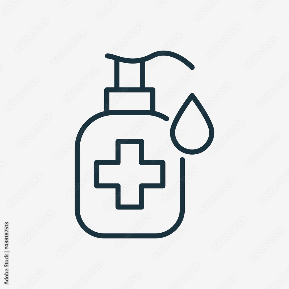 Obraz premium Hand Sanitizer Bottle Linear Icon. Hygiene Product Line Icon. Antiseptic Liquid or Sanitizer Gel for kill Bacteria, Fungi. Disinfection Alcohol Bottle with Pump. Editable stroke. Vector illustration