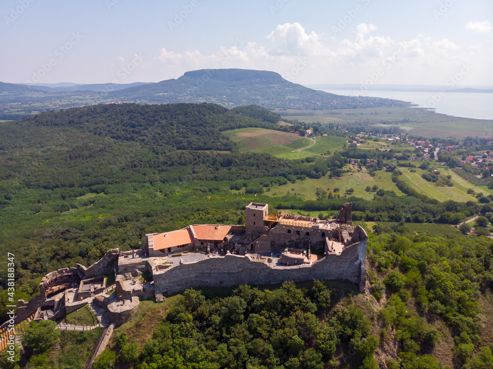 Aerial view from Szigliget castle during the day, in the background Badacsony hill, in the Balaton Uplands lies in a beautiful place