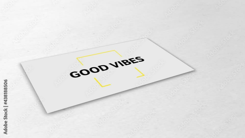Digital animation of good vibes text over yellow square crosshair against white background Digital animation of good vibes text over yellow square crosshair against white background