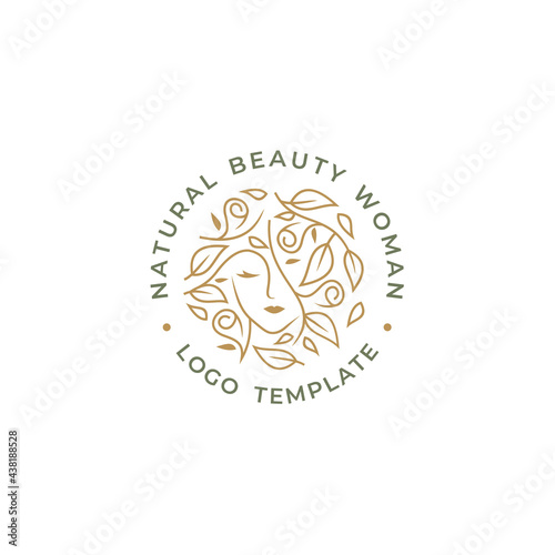 Elegant Beautiful Woman with Floral Leaf Hair for Natural Organic Beauty Shampoo Cosmetic Logo design