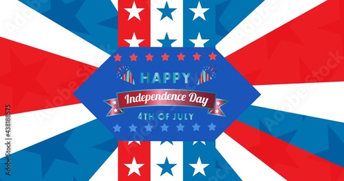 Happy independence day text over blue banner against american flag design background