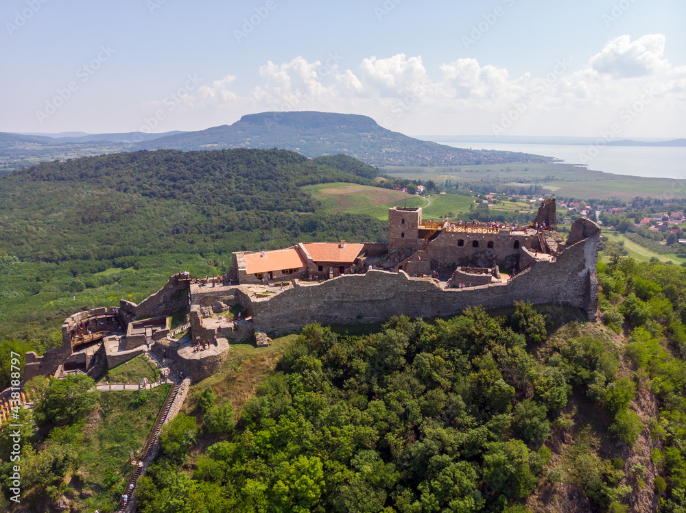 Aerial view from Szigliget castle during the day, in the background Badacsony hill, in the Balaton Uplands lies in a beautiful place