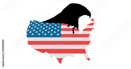 Silhouette of eagle over american flag us map against white background photo