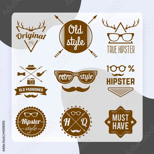Hipster trendy fashion accessory gentleman culture labels on wooden background vector illustration