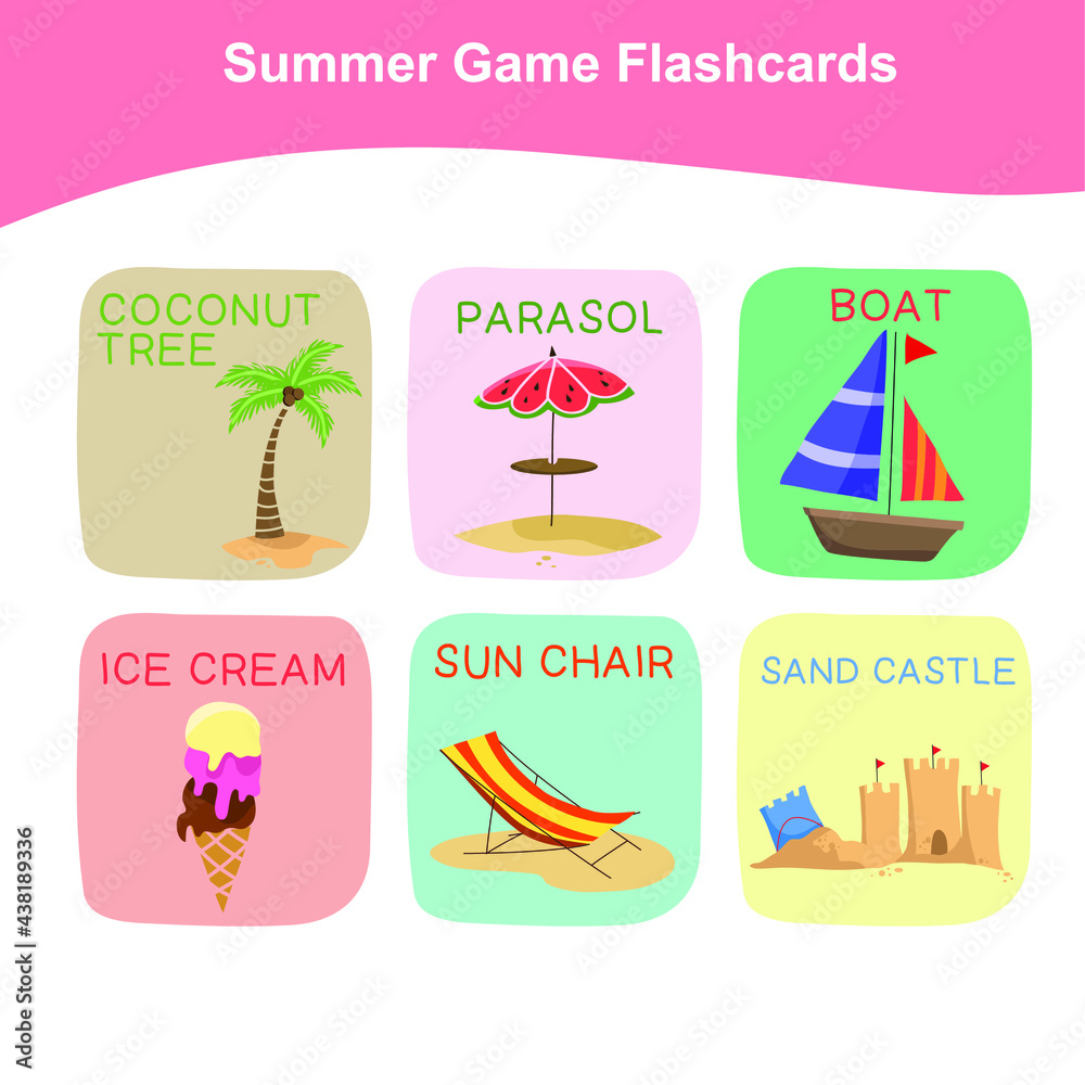 Summer Game Flashcards for Preschool Children. Cute flashcards for kids