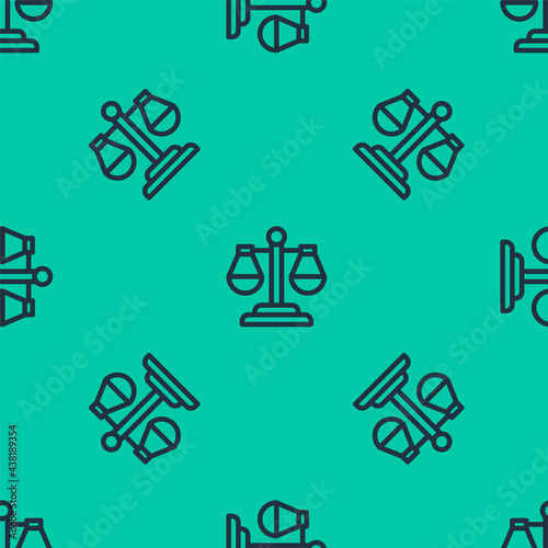 Blue line Scales of justice icon isolated seamless pattern on green background. Court of law symbol. Balance scale sign. Vector