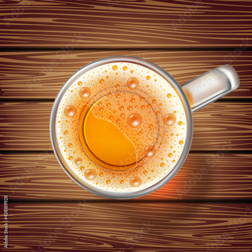 Realistic vector beer in glass on wooden table top view, foamy light beer or ale, alcoholic drink with bubbles, vector icon.