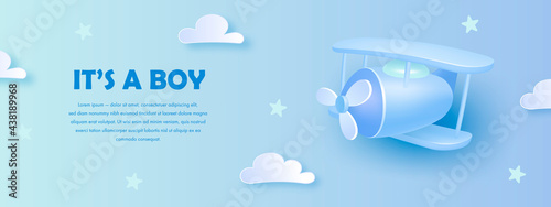Baby shower horizontal banner with cartoon airplane and clouds on blue background. It's a boy. Vector illustration