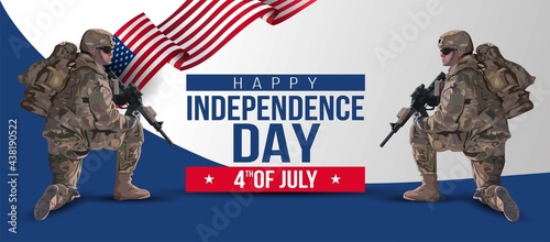soldiarillustration of Fourth of July background for Happy Independence Day of America. two soldier with gun and flag. Vector painting.