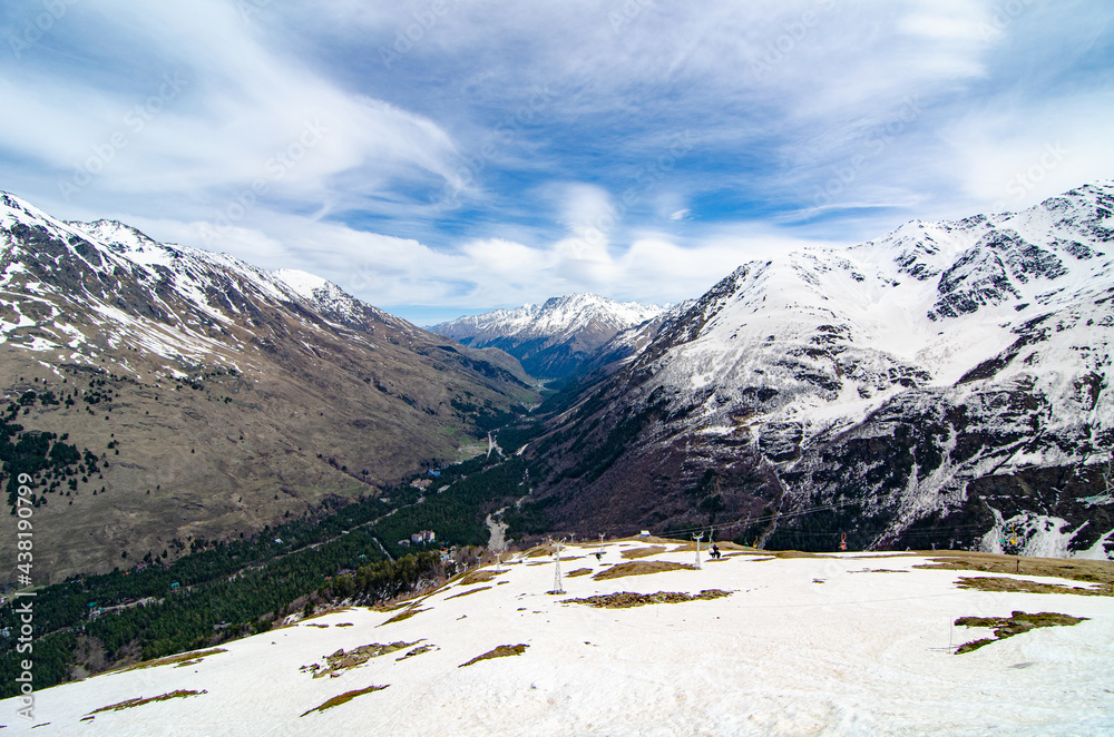 Panorama of a beautiful mountain landscape in the Elbrus region of Kabardino-Balkaria. Mountains in the snow