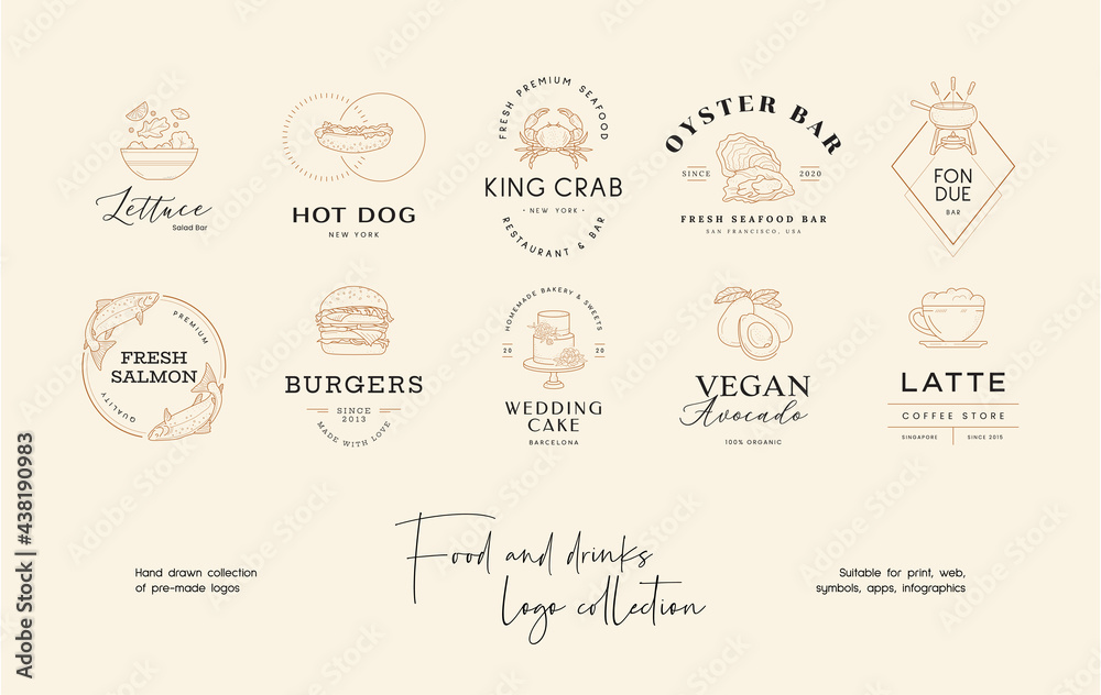 Hand drawn food pre-made logo design template collection. Graphic icon symbol for cafe, restaurant, cooking business. Modern minimal line art label, emblem, badge. Branding design template. Hand drawn food pre-made logo design template collection. Graphic icon symbol for cafe, restaurant, cooking business. Modern minimal line art label, emblem, badge. Branding design template.