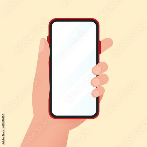 Hand holding mobile phone, flat design mockup. Vector isolated illustration