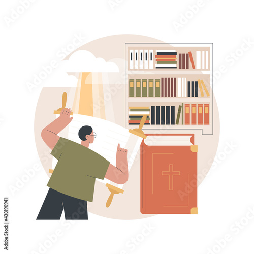 Sacred text abstract concept vector illustration. Ancient text, old bible, religious tradition, holy book, torah scroll, man prays, mythology, legends and folklore, library abstract metaphor.