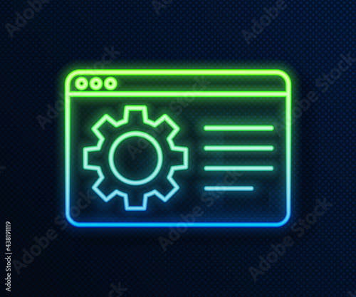 Glowing neon line Browser setting icon isolated on blue background. Adjusting, service, maintenance, repair, fixing. Vector